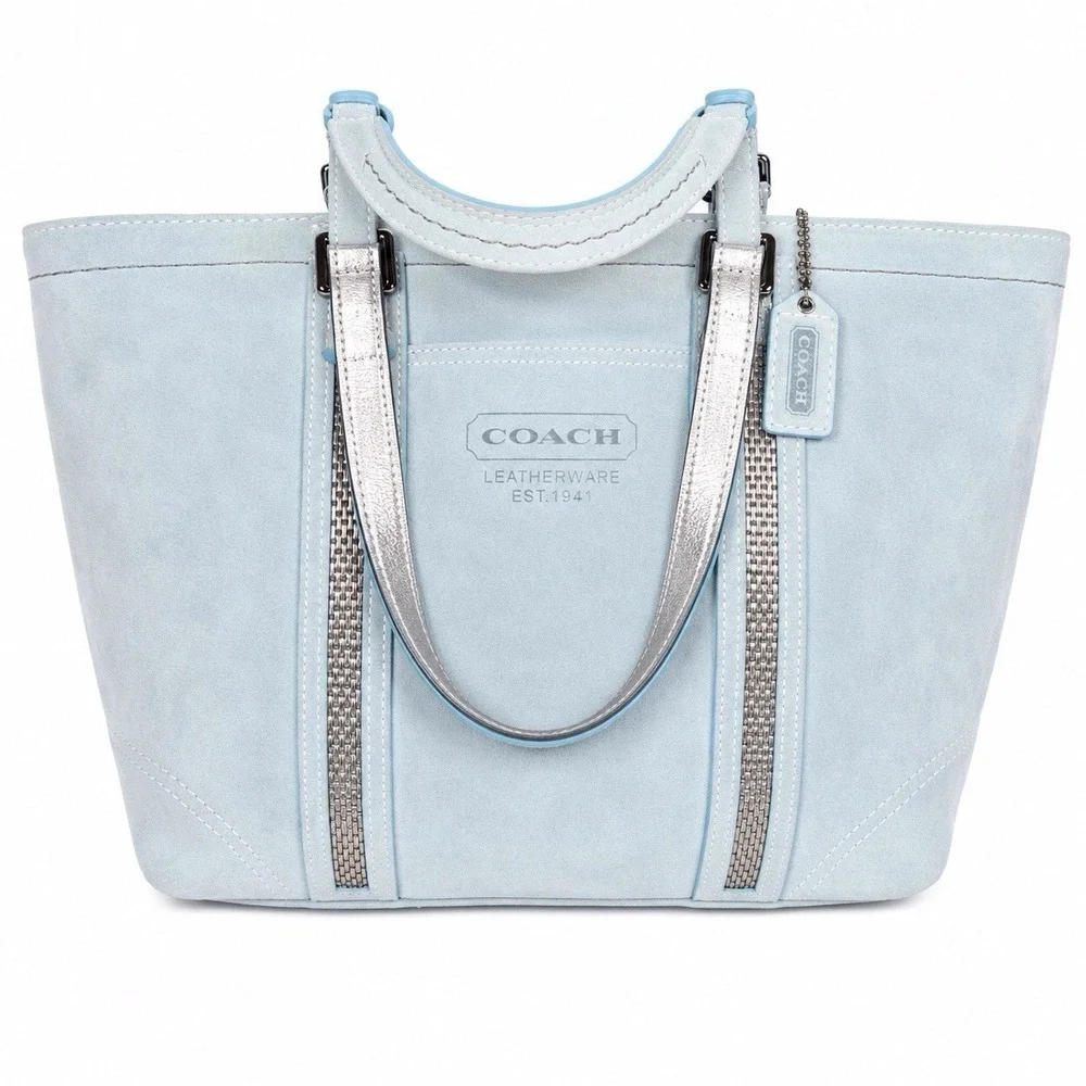 Coach 2005 Leatherware Metallic Bead‎ Suede Gallery Tote Blue Silver J05J